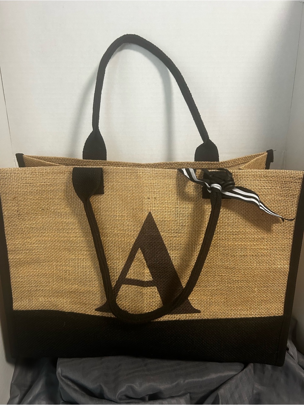 Monogram 'A' Natural and Black Jute Tote Bag